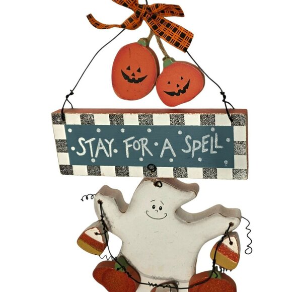 Vintage Halloween Sign Stay For A Spell Wood Ghost Pumpkins Bat Country Folk Art - Picture 3 of 7